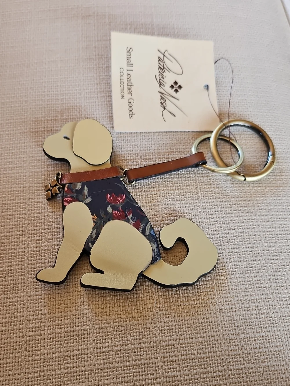 Patricia Nash Cream and Floral Leather Dog Keychain